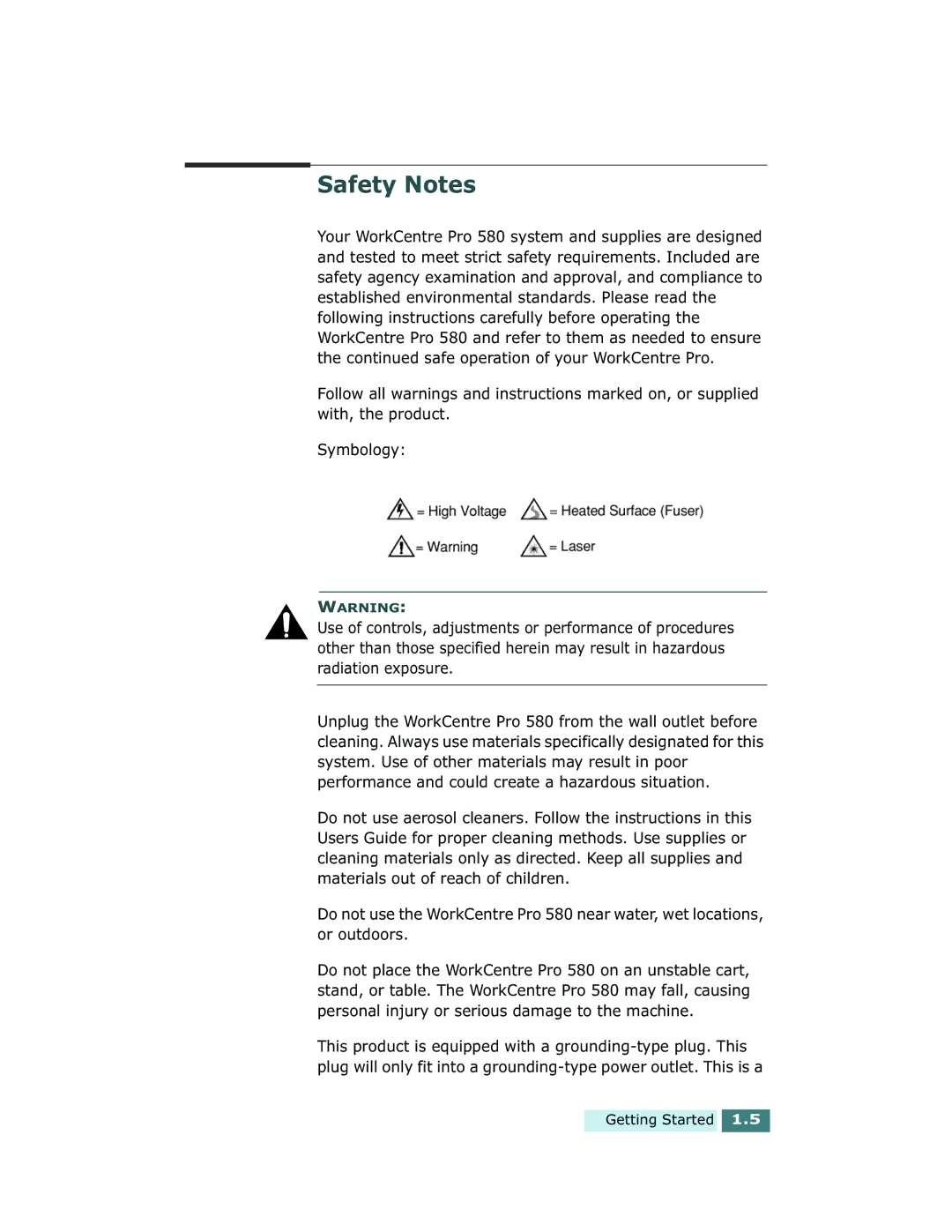 Xerox Pro 580 manual Safety Notes 