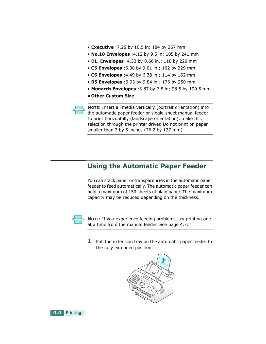 Xerox Pro 580 manual Using the Automatic Paper Feeder, Other Custom Size 