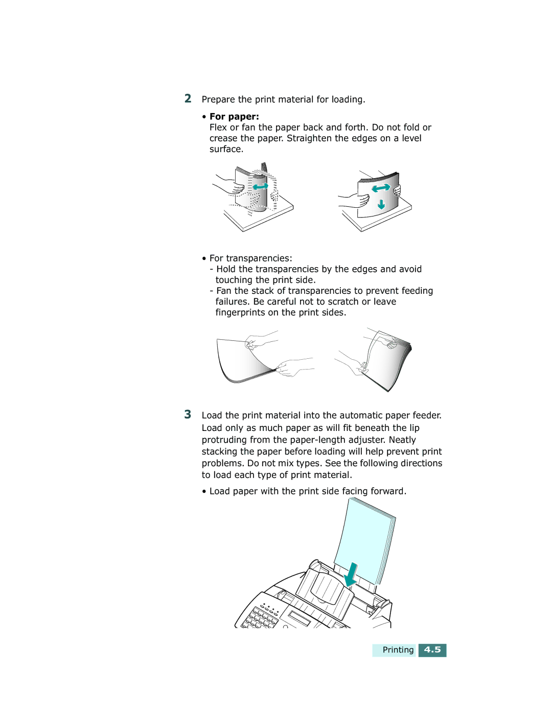 Xerox Pro 580 manual Prepare the print material for loading, For paper, Load paper with the print side facing forward 