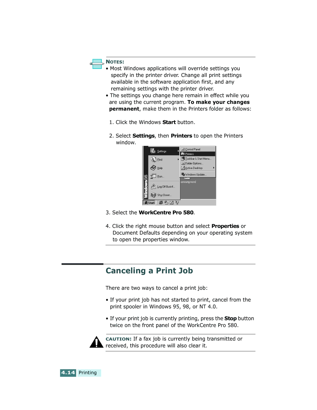 Xerox Pro 580 manual Canceling a Print Job, Select the WorkCentre Pro 