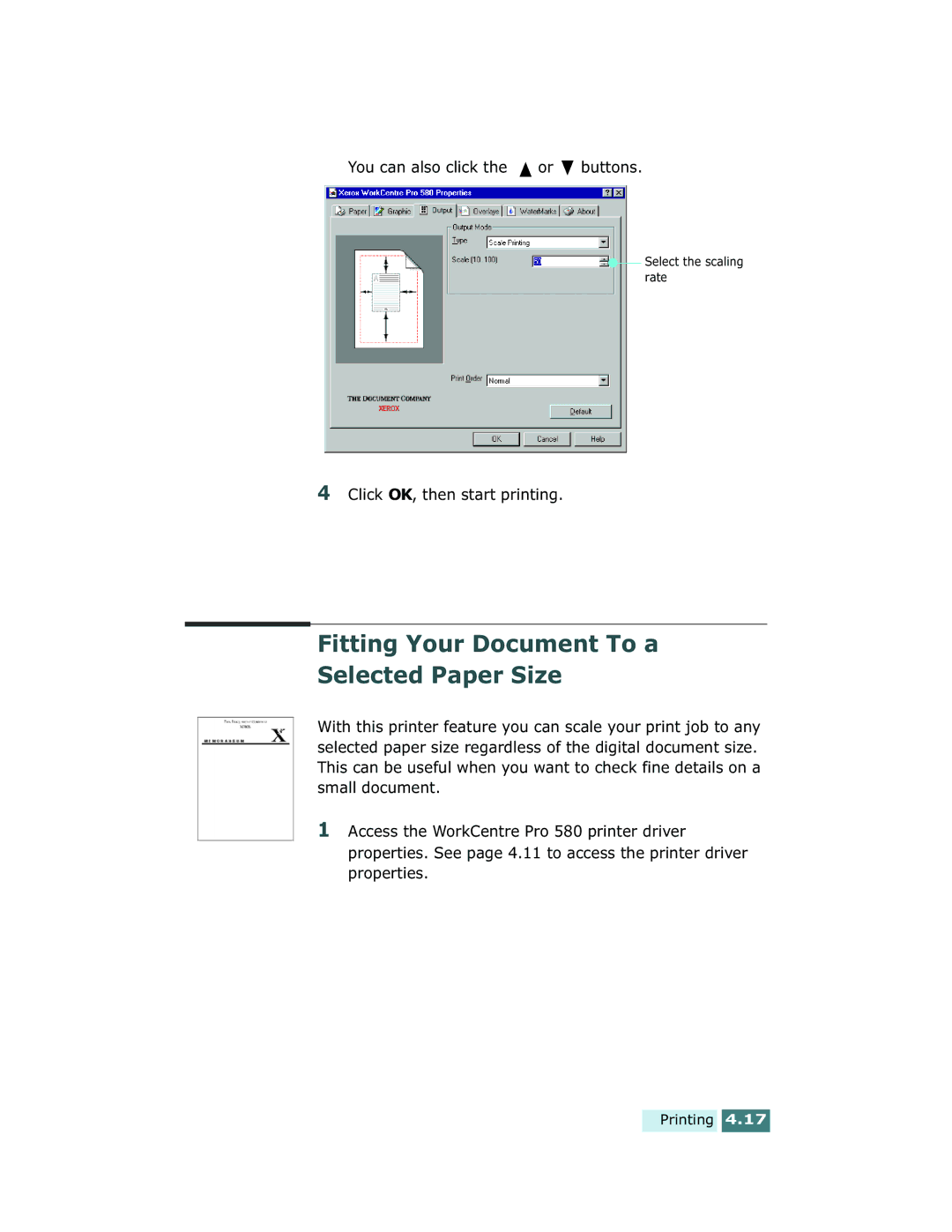 Xerox Pro 580 manual Fitting Your Document To a Selected Paper Size, You can also click the or buttons 