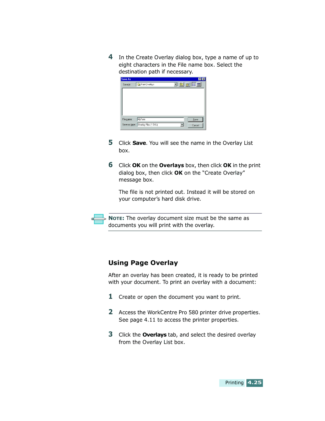 Xerox Pro 580 manual Using Page Overlay, Create or open the document you want to print 