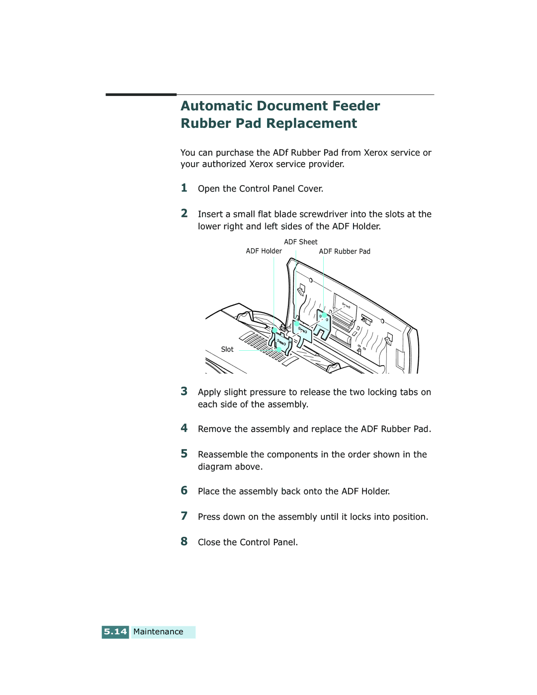 Xerox Pro 580 manual Automatic Document Feeder Rubber Pad Replacement 