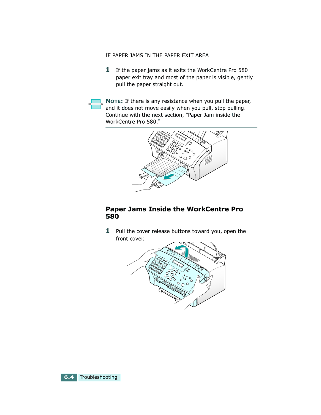 Xerox Pro 580 manual Paper Jams Inside the WorkCentre Pro, If Paper Jams in the Paper Exit Area 