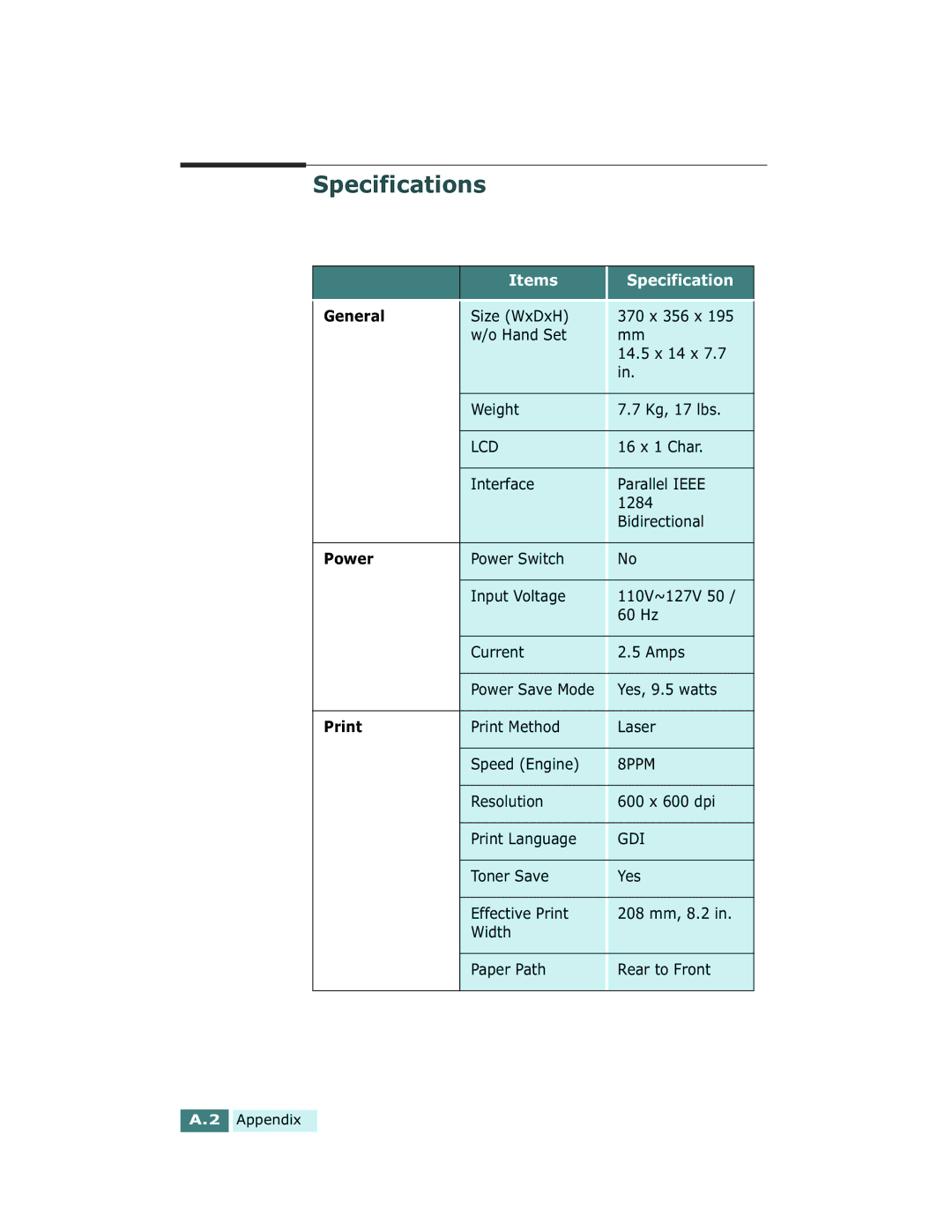 Xerox Pro 580 manual Specifications, General, Power, Print 