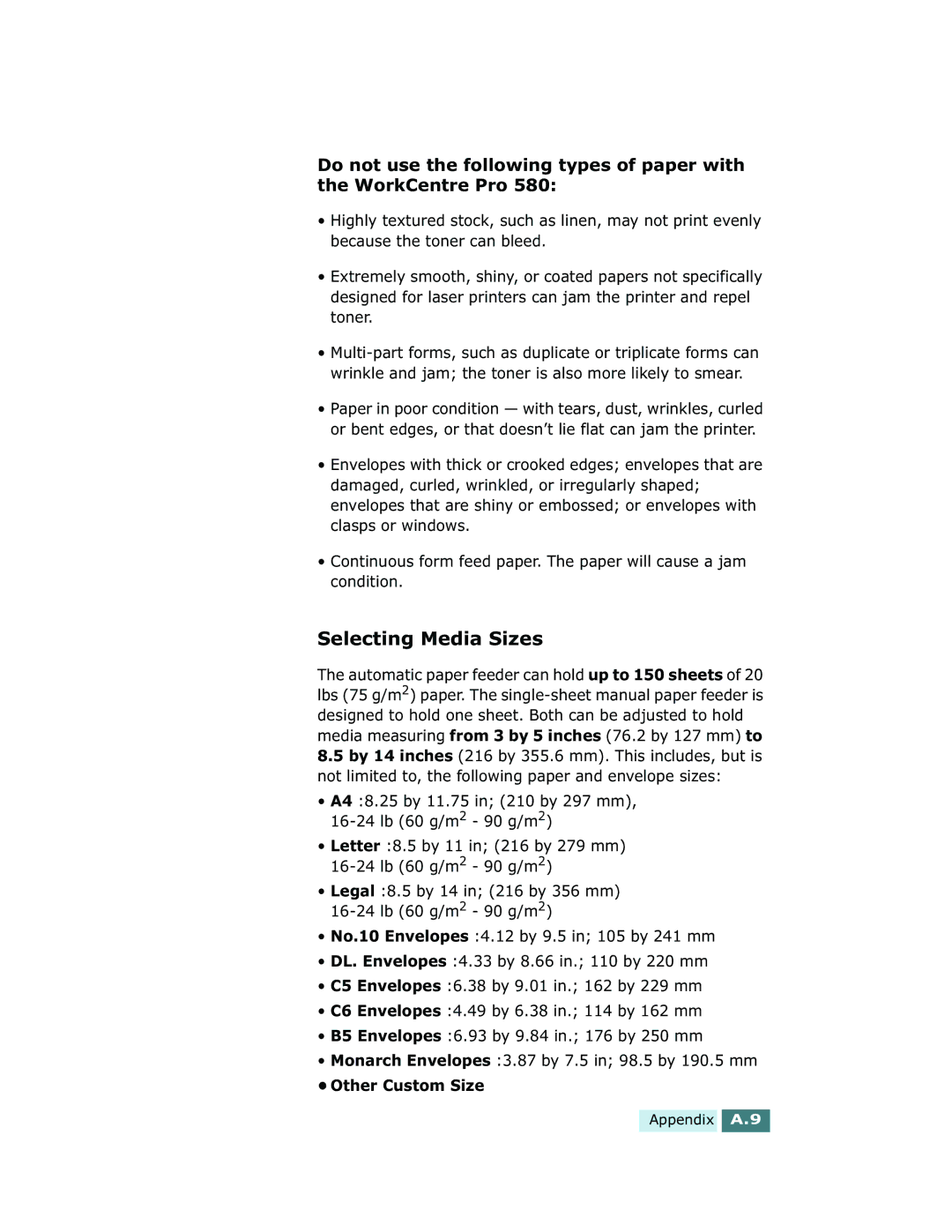 Xerox Pro 580 manual Appendix A.9 