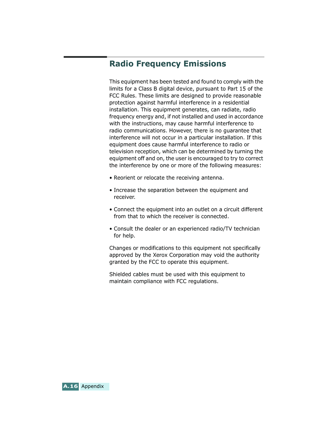 Xerox Pro 580 manual Radio Frequency Emissions 