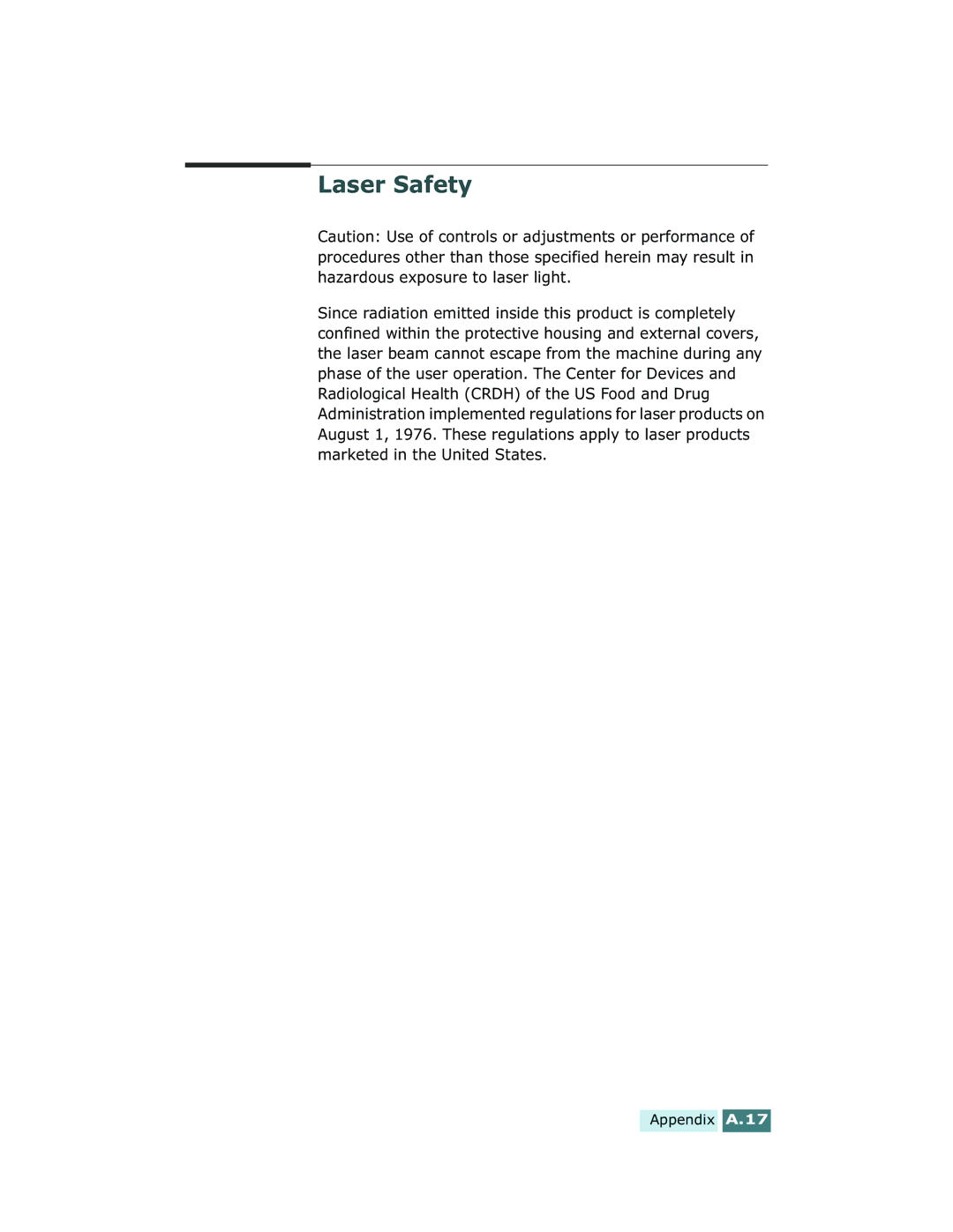 Xerox Pro 580 manual Laser Safety 