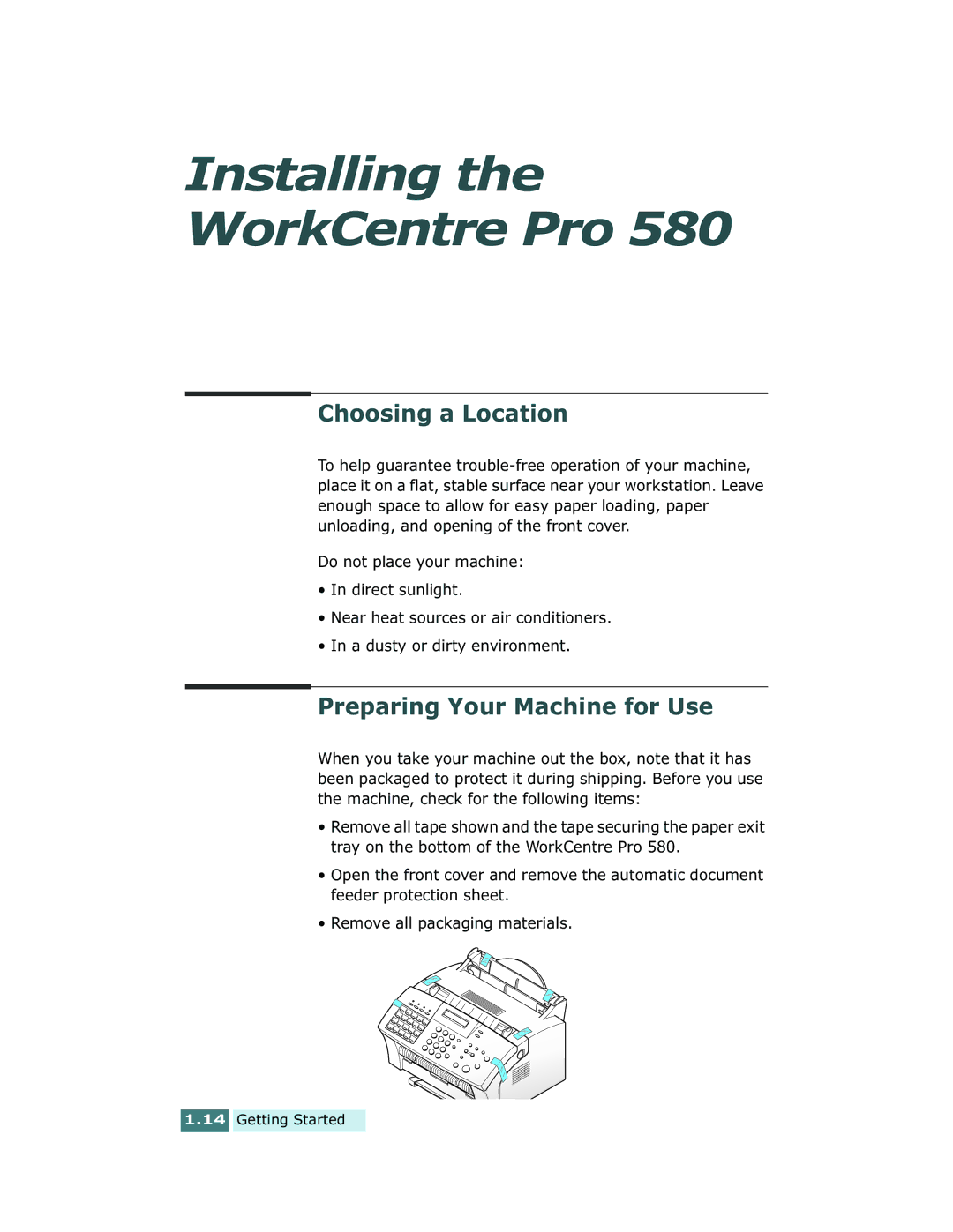 Xerox Pro 580 manual Choosing a Location, Preparing Your Machine for Use 