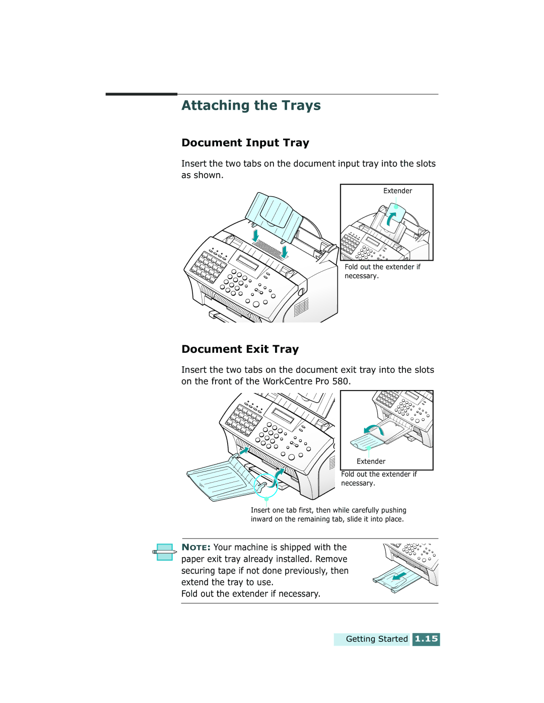 Xerox Pro 580 manual Attaching the Trays, Document Input Tray, Document Exit Tray, Fold out the extender if necessary 