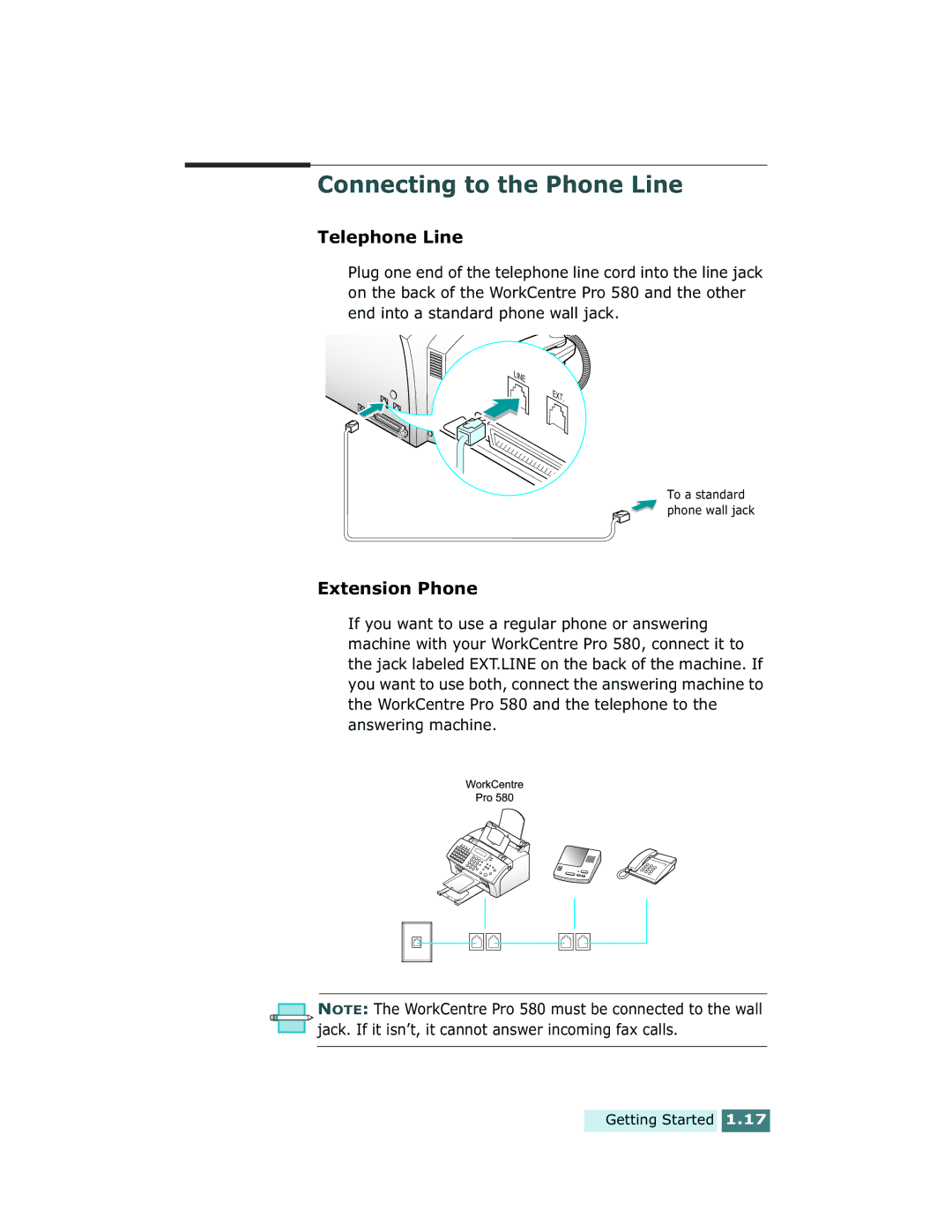 Xerox Pro 580 manual Connecting to the Phone Line, Telephone Line 