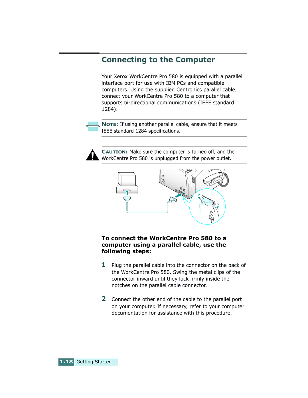 Xerox Pro 580 manual Connecting to the Computer 