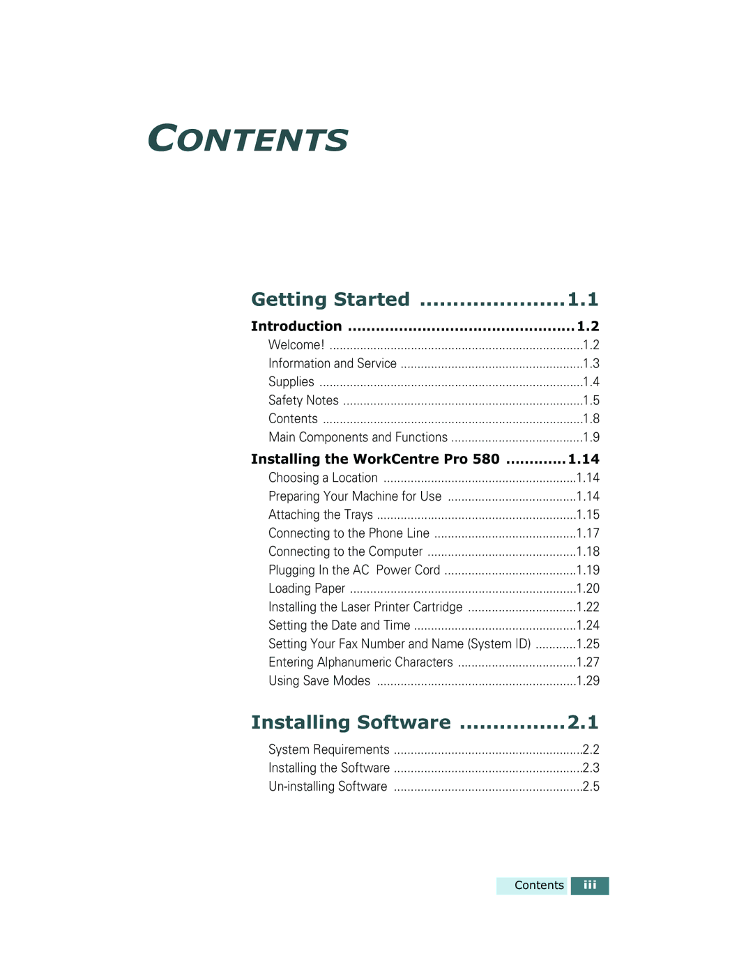 Xerox Pro 580 manual Contents 