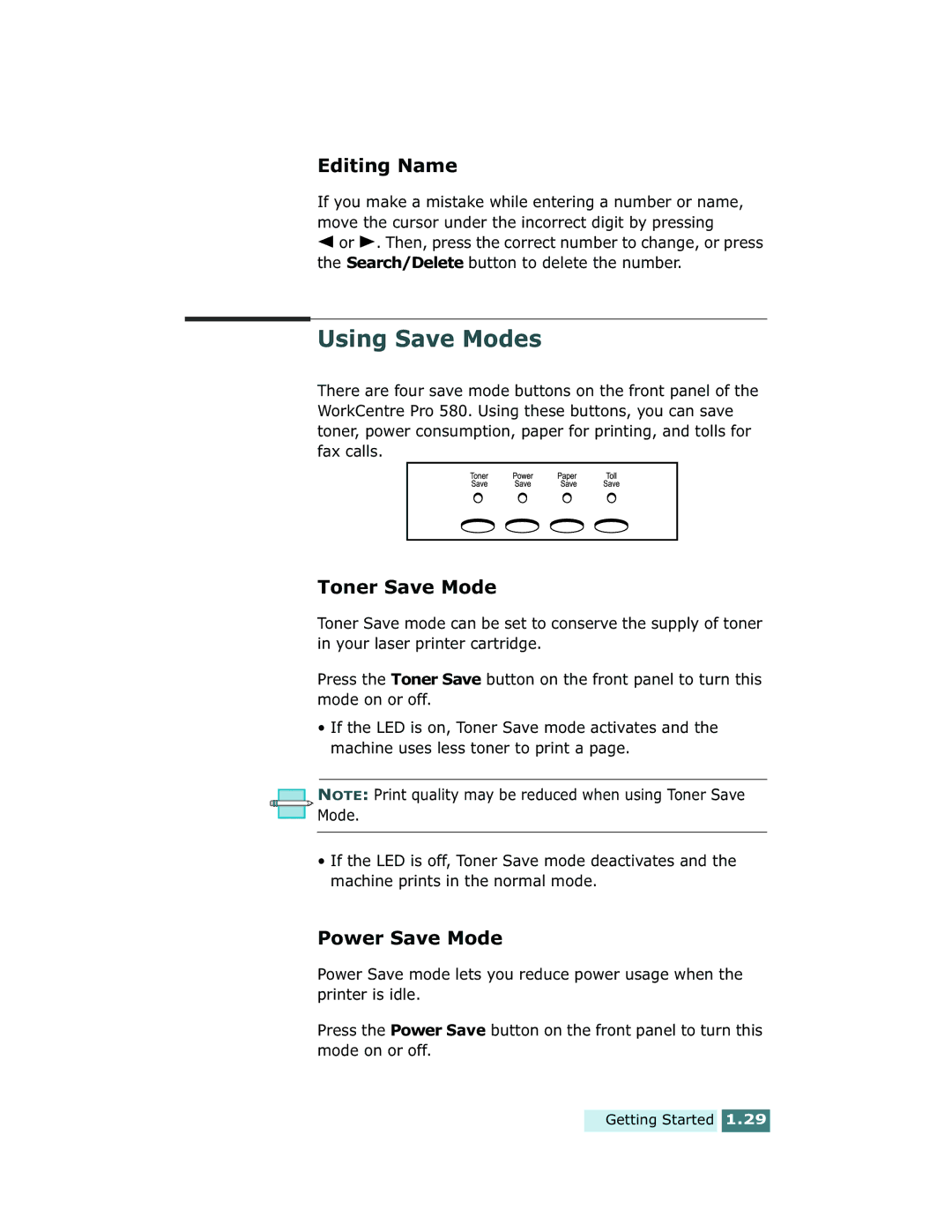 Xerox Pro 580 manual Using Save Modes, Editing Name, Toner Save Mode, Power Save Mode 