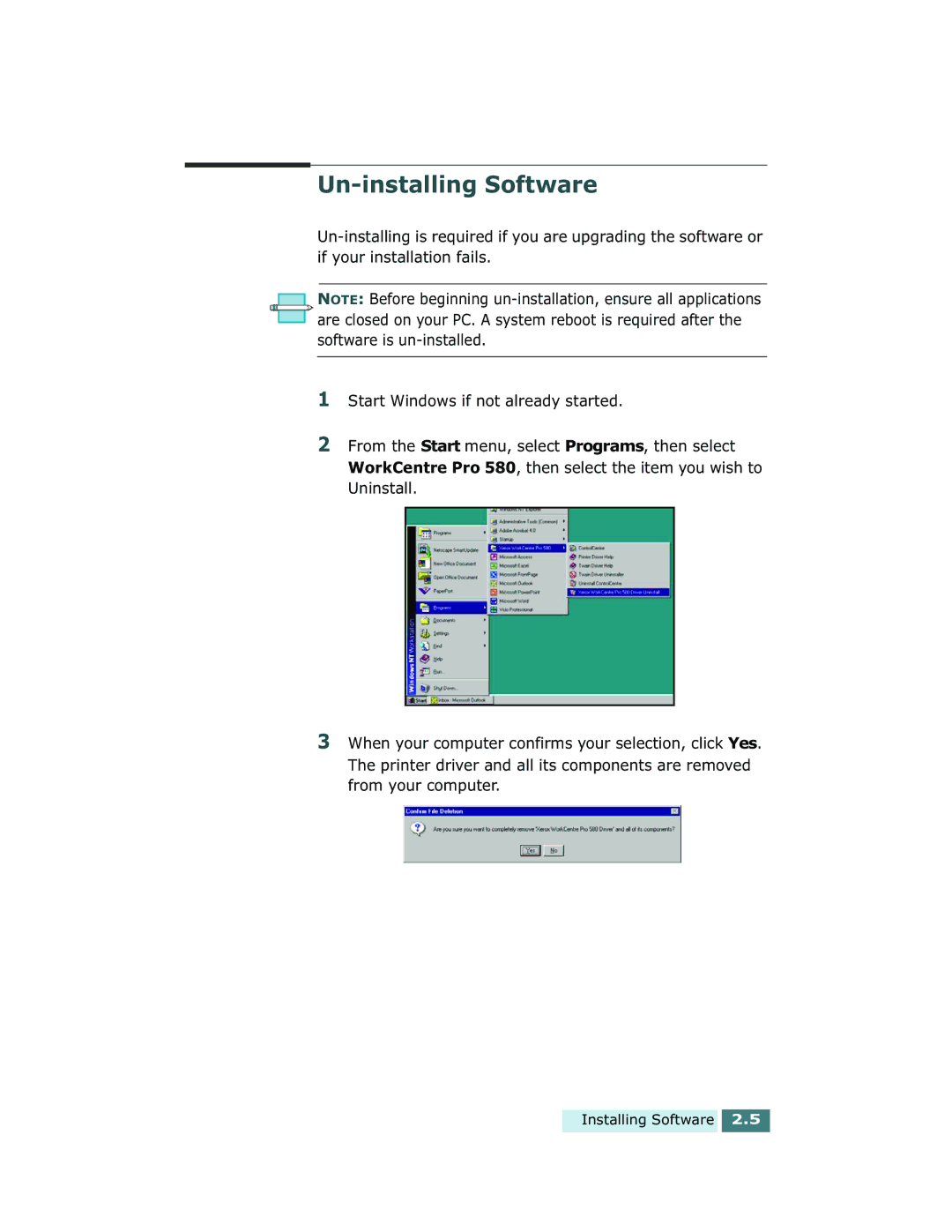 Xerox Pro 580 manual Un-installing Software 