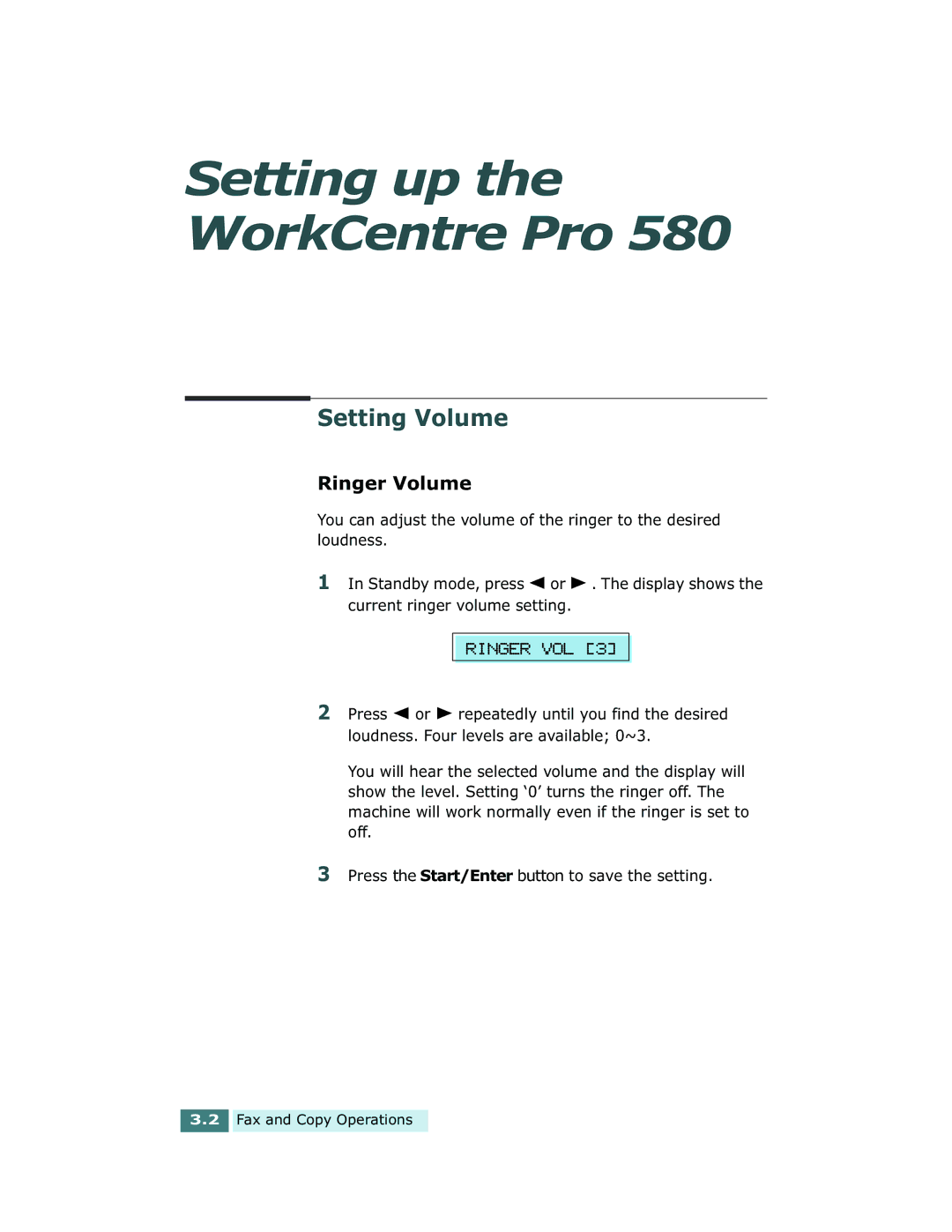 Xerox Pro 580 manual Setting Volume, Ringer Volume 