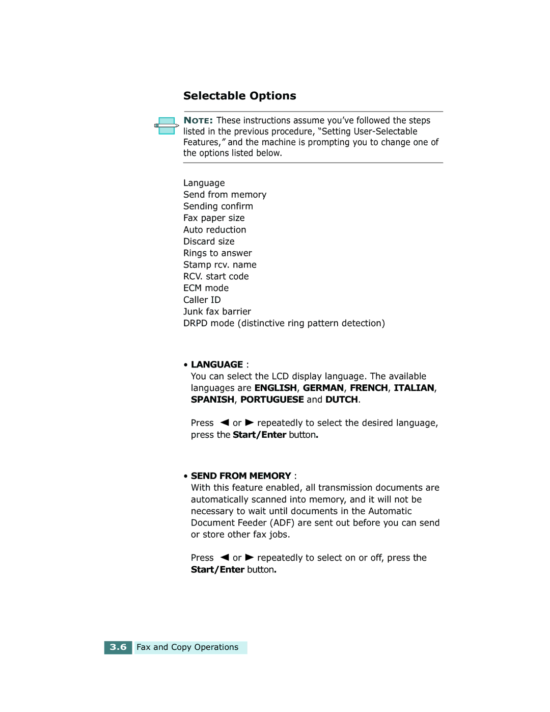 Xerox Pro 580 manual Selectable Options, Language 