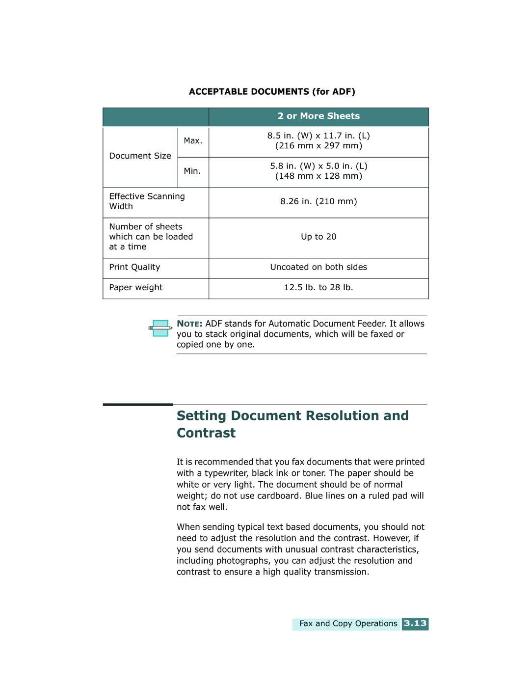 Xerox Pro 580 manual Setting Document Resolution Contrast, Acceptable Documents for ADF 