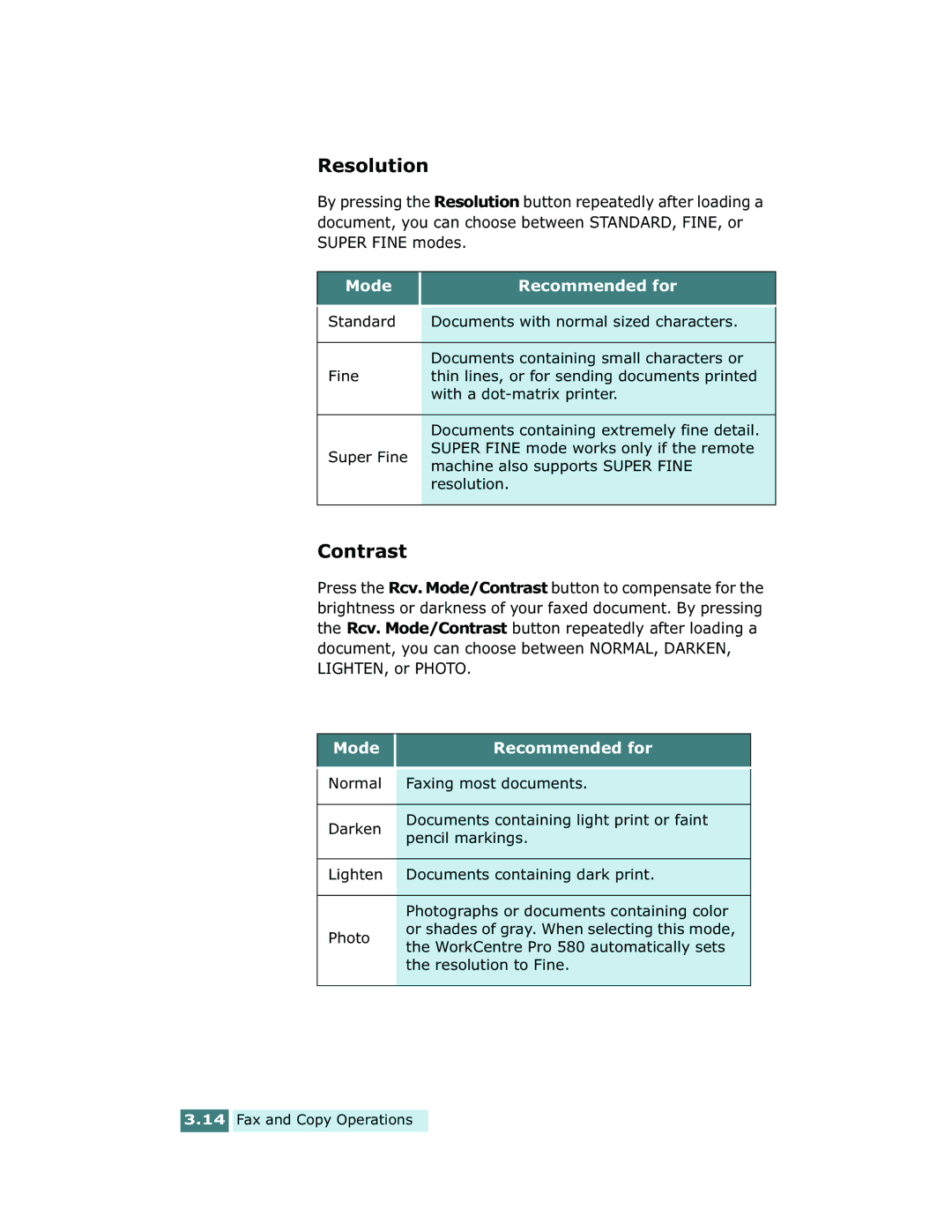 Xerox manual Contrast, WorkCentre Pro 580 automatically sets, Resolution to Fine 