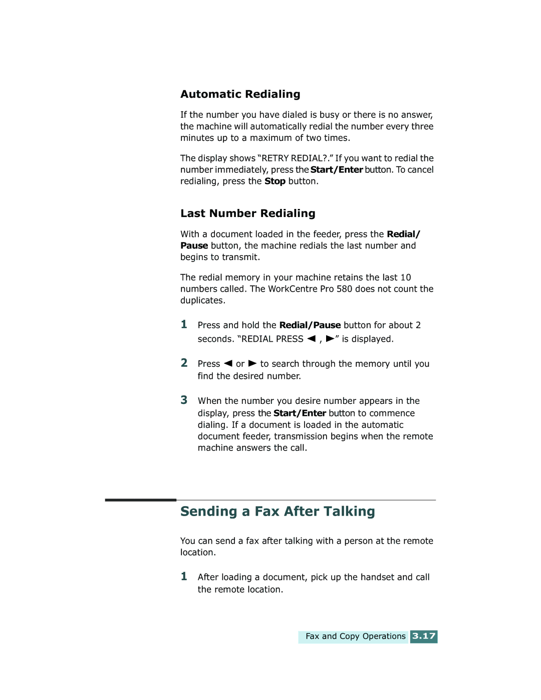 Xerox Pro 580 manual Sending a Fax After Talking, Automatic Redialing, Last Number Redialing 