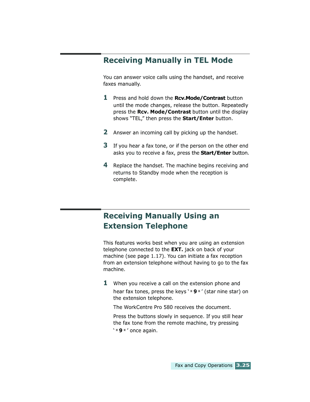 Xerox Pro 580 manual Receiving Manually in TEL Mode, Receiving Manually Using an Extension Telephone 