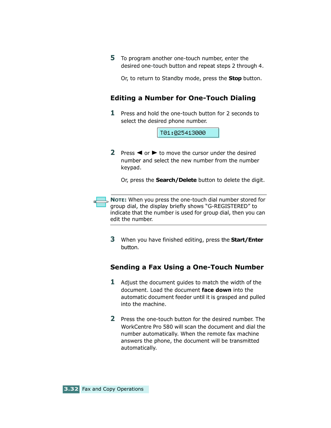 Xerox Pro 580 manual Editing a Number for One-Touch Dialing, Sending a Fax Using a One-Touch Number 