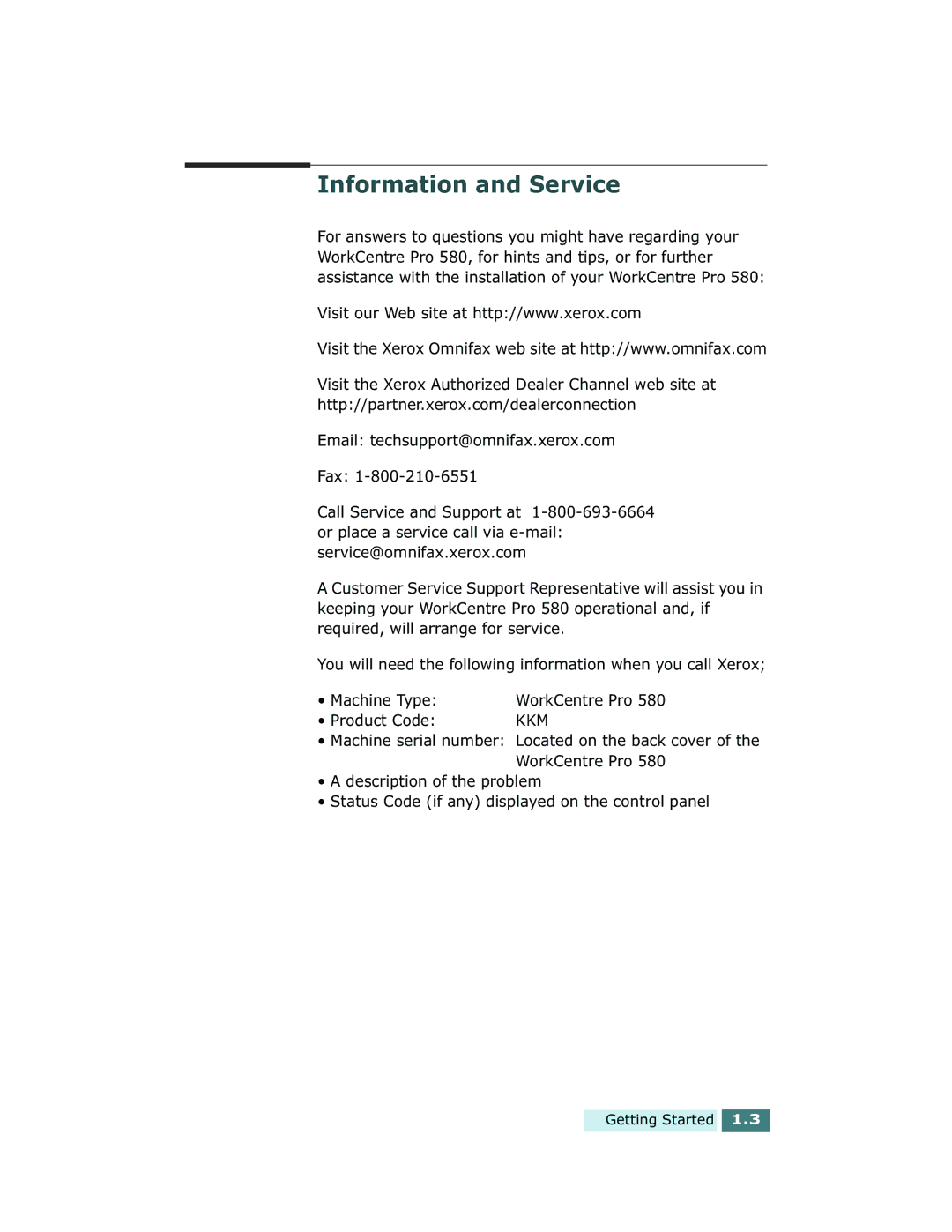 Xerox Pro 580 manual Information and Service, Product Code 