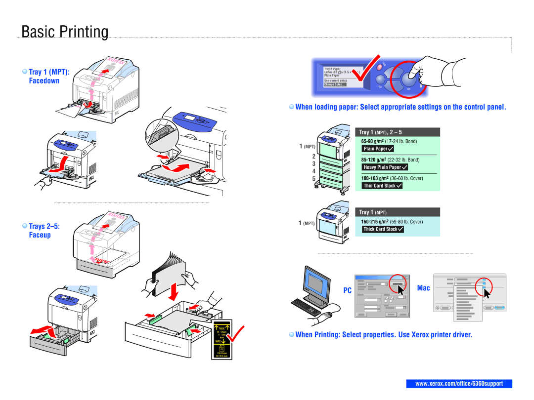 Xerox r 6360 Basic Printing, Tray 1 MPT Facedown Trays Faceup, When Printing Select properties. Use Xerox printer driver 