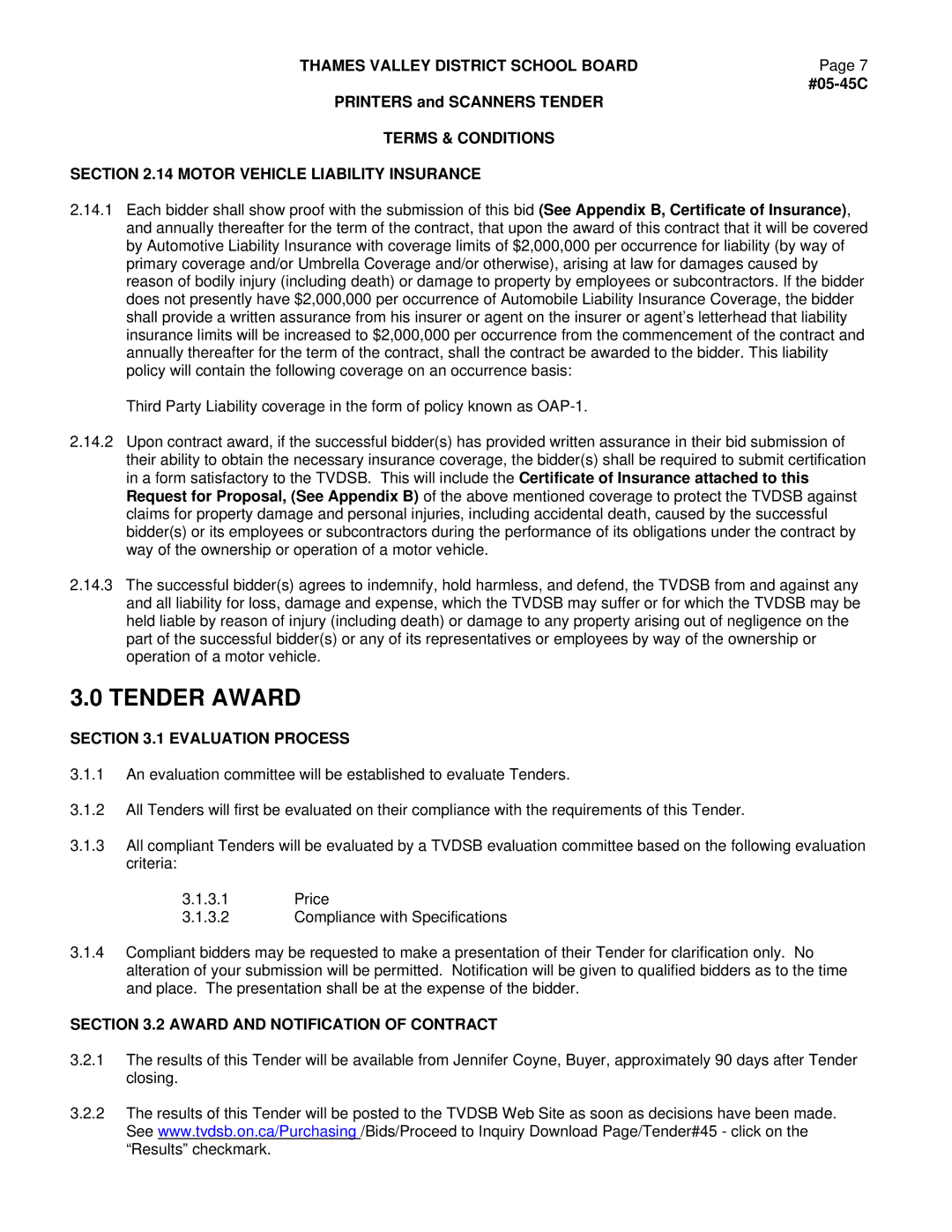 Xerox Scanner manual Tender Award, Terms & Conditions 14 Motor Vehicle Liability Insurance, Evaluation Process 