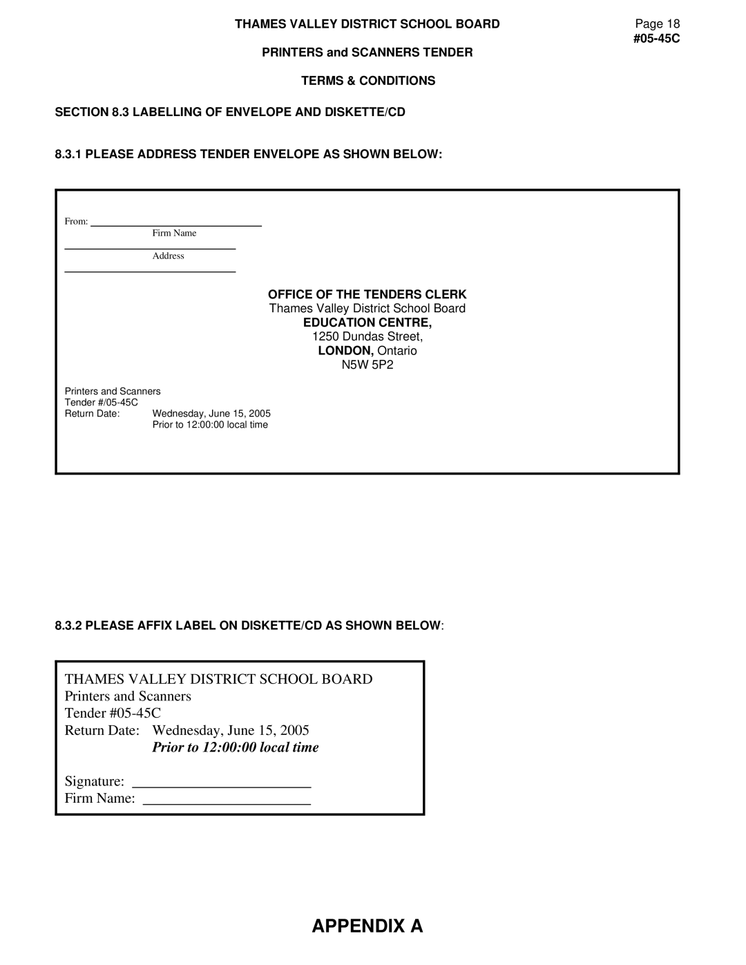 Xerox Scanner Appendix a, Office of the Tenders Clerk, Education Centre, Please Affix Label on DISKETTE/CD AS Shown below 