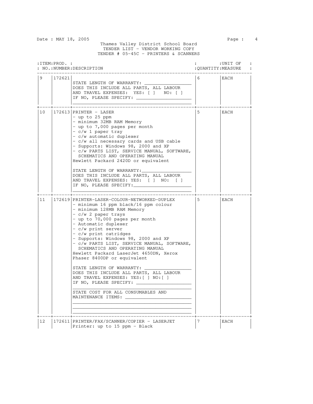 Xerox Scanner manual 172613PRINTER Laser Each, Does this Include ALL PARTS, ALL Labour Travel Expenses YES 