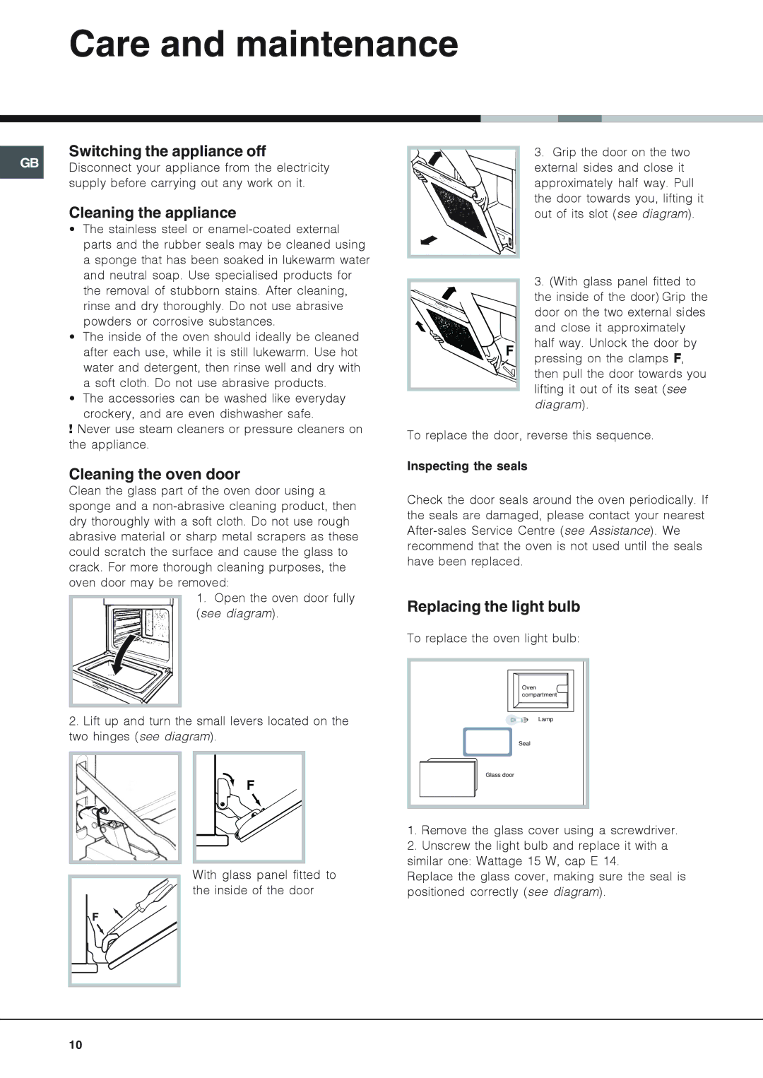 Xerox SE89PG X, SH89PX Care and maintenance, Switching the appliance off, Cleaning the appliance, Cleaning the oven door 