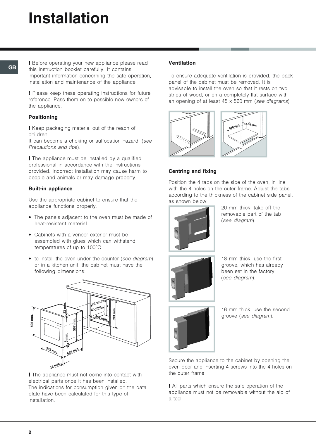 Xerox SE89PG X manual Installation, Positioning, Precautions and tips, Built-inappliance, Ventilation, Centring and fixing 