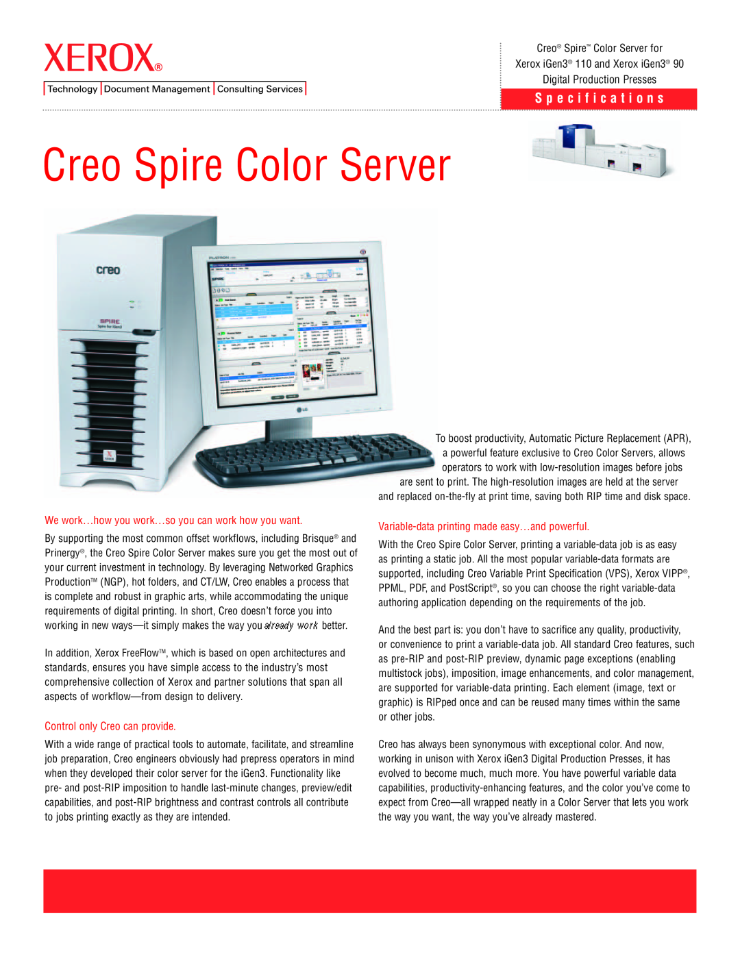 Xerox specifications S p e c i f i c a t i o n s, Creo Spire Color Server for, Xerox iGen3 110 and Xerox iGen3 