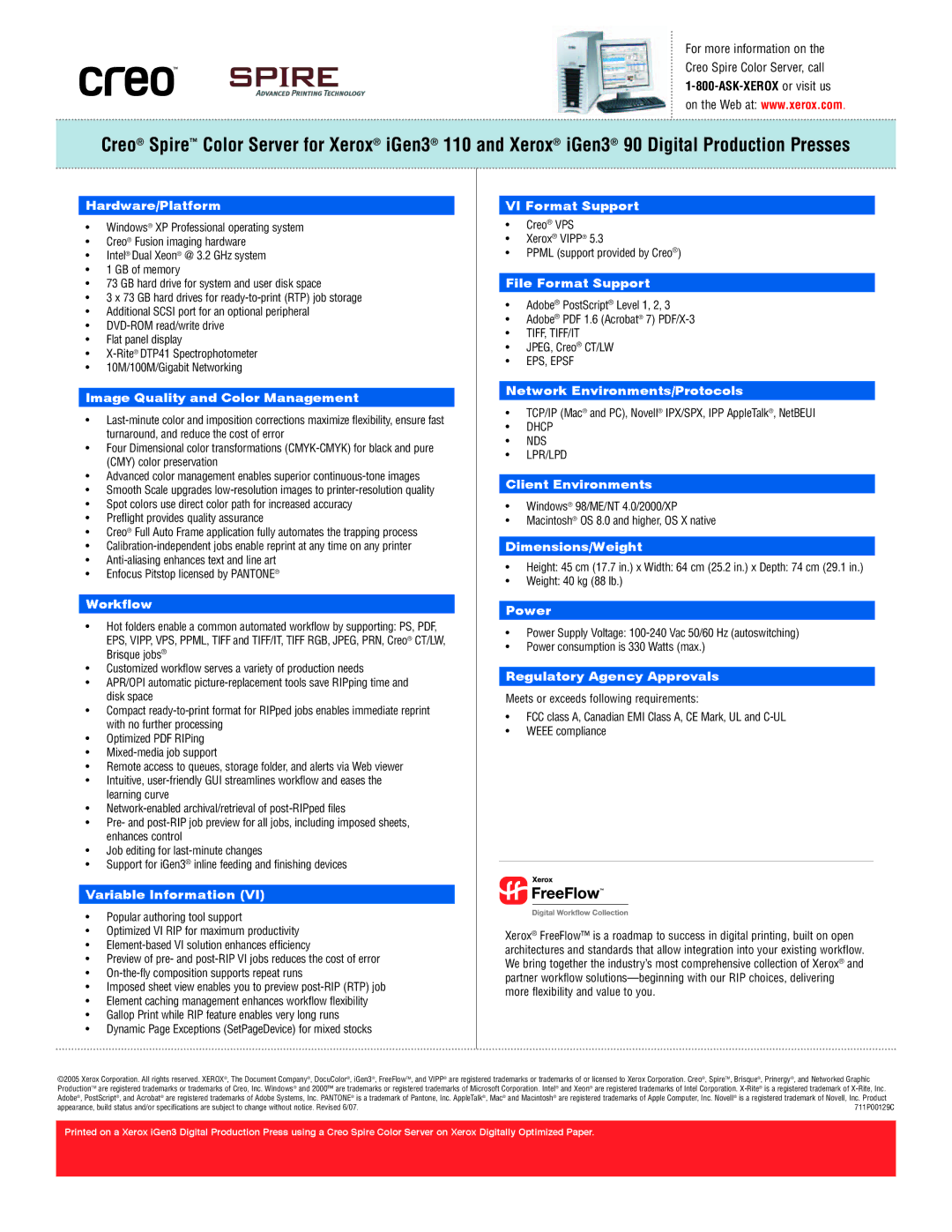 Xerox Spire specifications Tiff, Tiff/It, EPS, Epsf, Dhcp NDS LPR/LPD 