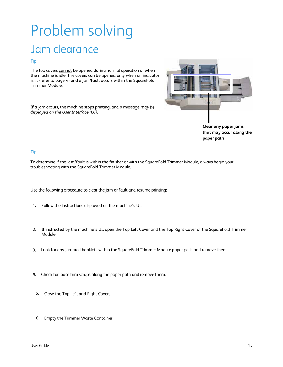 Xerox SquareFold Trimmer manual Problem solving, Jam clearance, Clear any paper jams that may occur along the paper path 