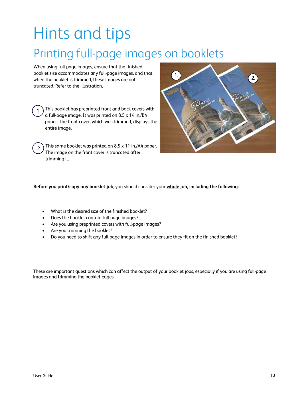 Xerox SquareFold Trimmer manual Hints and tips, Printing full-page images on booklets 