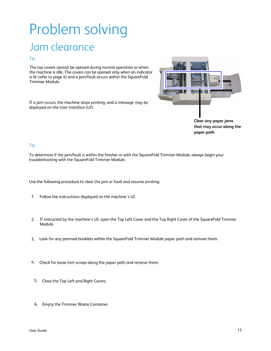 Xerox SquareFold Trimmer manual Problem solving, Jam clearance 