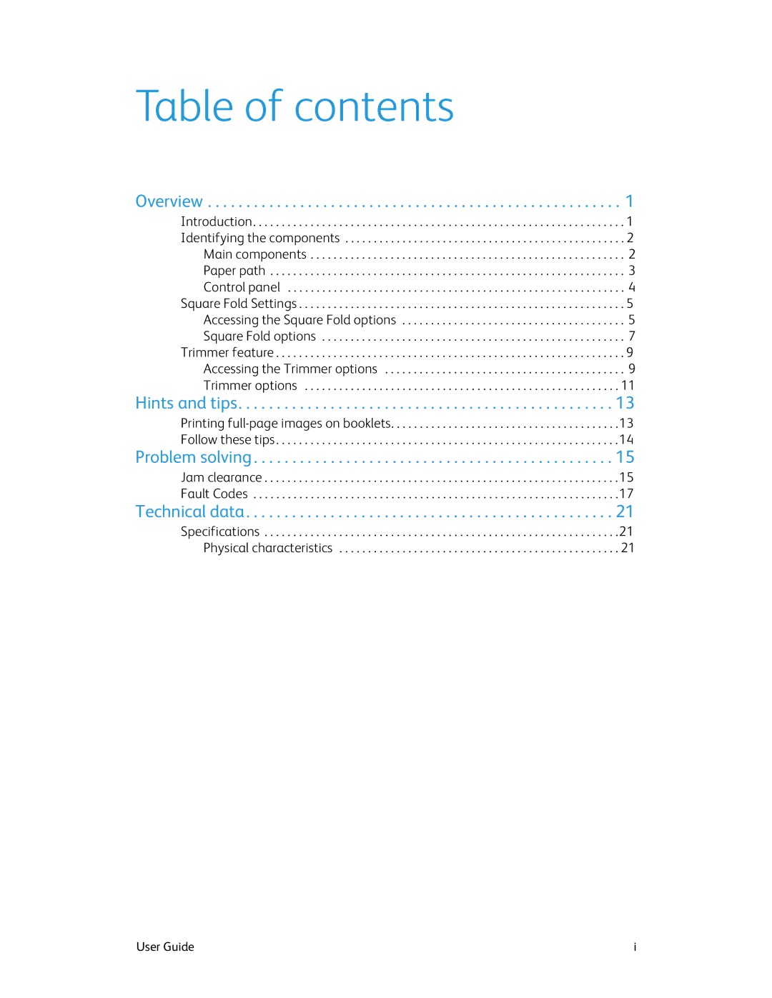 Xerox SquareFold Trimmer manual Table of contents 