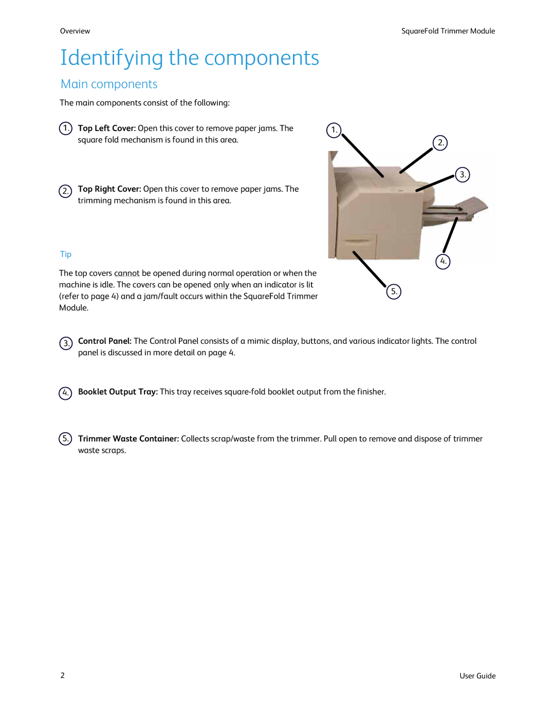 Xerox SquareFold Trimmer manual Identifying the components, Main components 