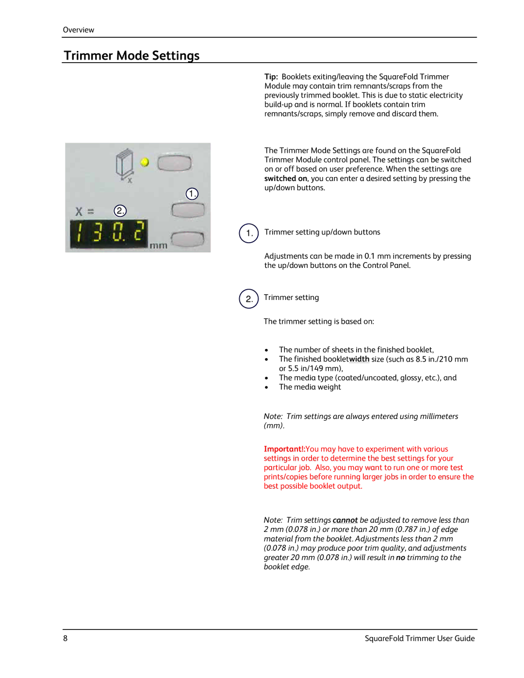 Xerox SquareFold manual Trimmer Mode Settings 