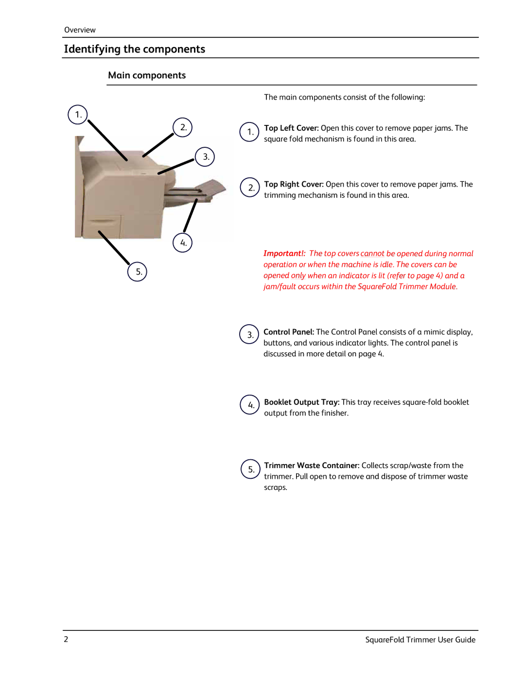 Xerox SquareFold manual Overview, Main components consist of the following, Square fold mechanism is found in this area 