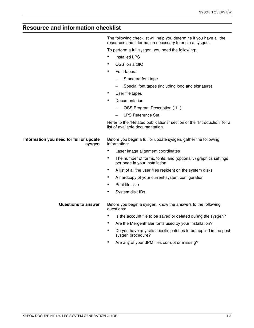 Xerox t 180 manual Resource and information checklist, Information you need for full or update sysgen 