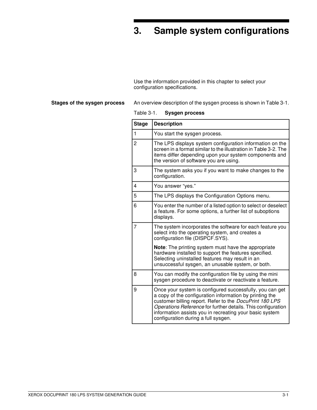 Xerox t 180 manual Sample system configurations, Sysgen process Stage Description 