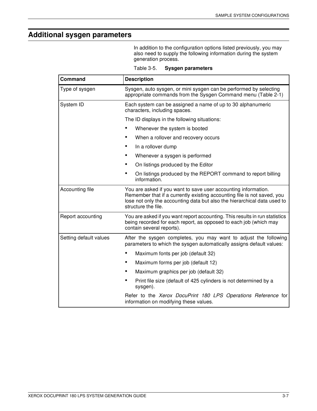 Xerox t 180 manual Additional sysgen parameters, Sysgen parameters, Command Description 