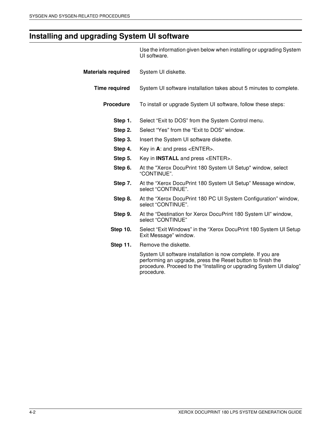 Xerox t 180 manual Installing and upgrading System UI software, Materials required System UI diskette 