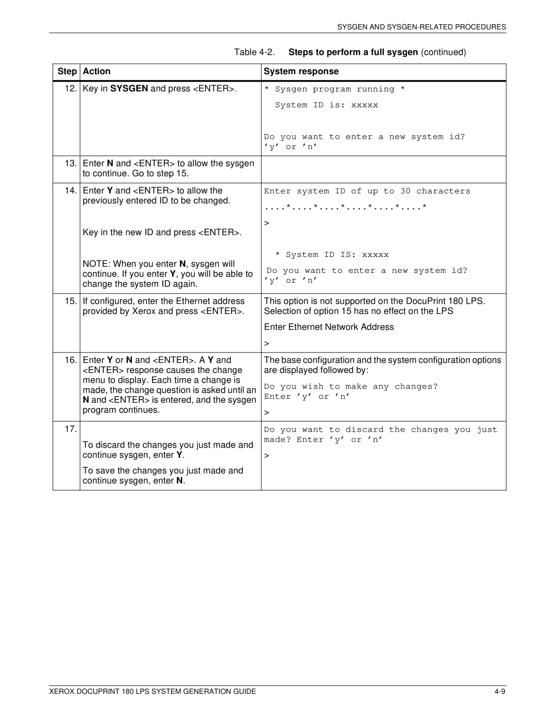 Xerox t 180 Sysgen program running, System ID is, Do you want to enter a new system id?, Do you wish to make any changes? 