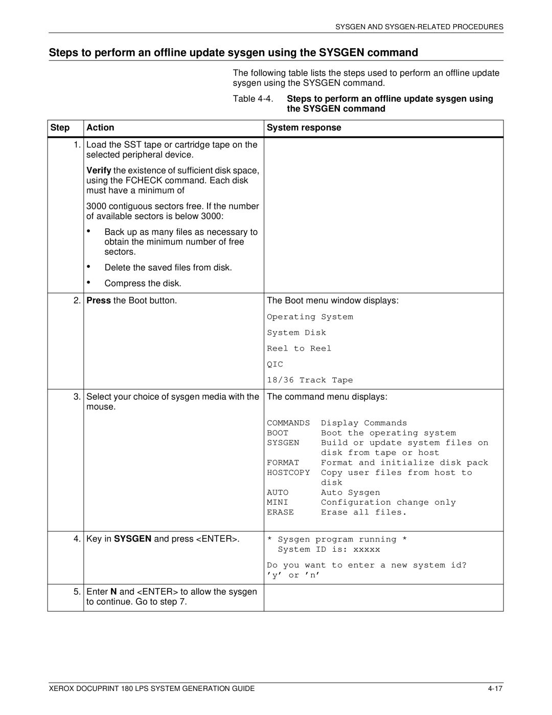 Xerox t 180 manual Sysgen command, Operating System 