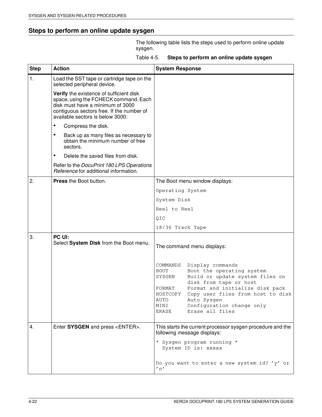 Xerox t 180 manual Steps to perform an online update sysgen, Copy user files from host to disk, ’n’ 