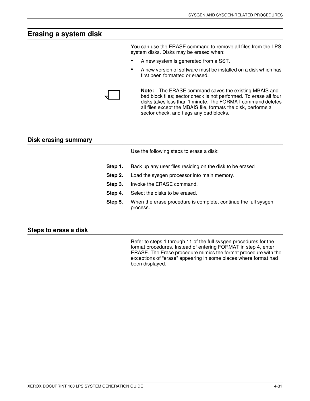 Xerox t 180 manual Erasing a system disk, Disk erasing summary, Steps to erase a disk 